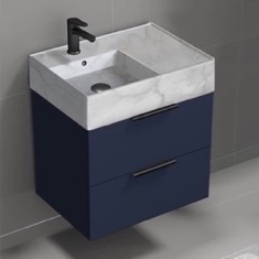 Floating Small Bathroom Vanity, Modern, Blue, 24 inch, Marble Style Sink